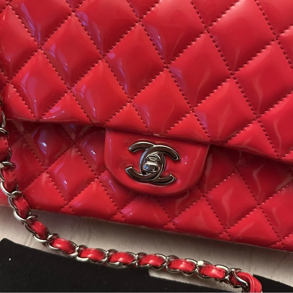 Authentic Chanel Red Patent Leather Medium Classic Double Flap Bag with card